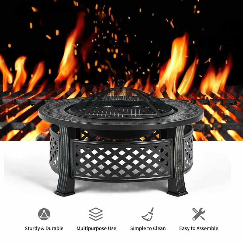 Mondawe 32" Fire Pit & BBQ Grill - 3-in-1 Outdoor Fire Bowl