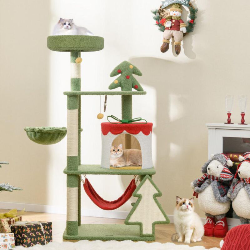 Hivvago Cute Christmas Cat Tree with Sisal Scratching Posts and Gift Box Shaped Condo