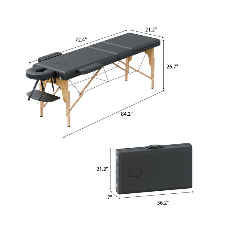 FUFU&GAGA Portable Folding Massage Bed with Solid Wood Legs & Metal Frame, Black PVC Leather Top (Open: 84.2 in. W x 21.2 in. D x 26.7 in. H / Folded: 36.2 in. W x 7 in. D x 21.2 in. H), Black