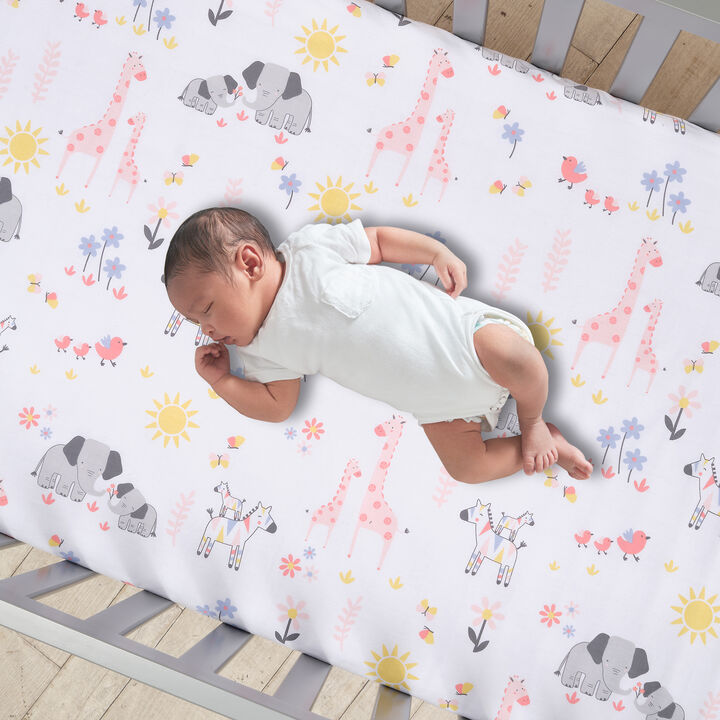 Lambs & Ivy Jazzy Jungle 100% Cotton Safari Baby Fitted Crib Sheet - White