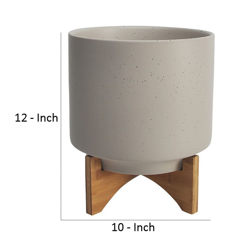 Ceramic Planter with Terrazzo Design and Wooden Stand, Large, Light Beige-Benzara