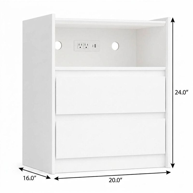 HomeRoots 24" White Wood Two Drawer Nightstand with USB Port and Integrated Tech image number 3