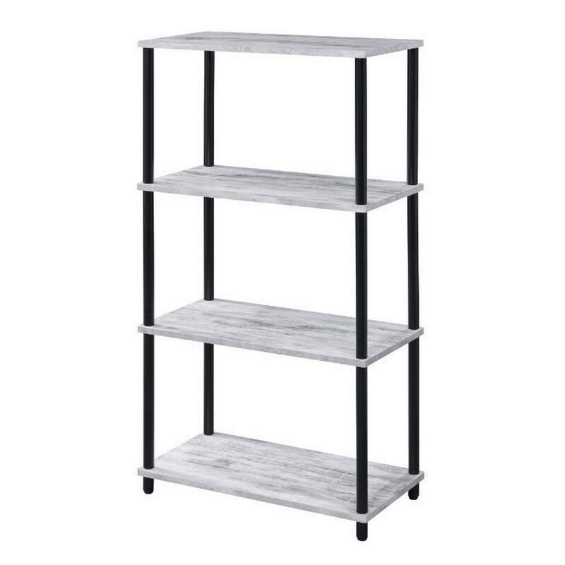 4 Tier Design Bookshelf with Metal Tubular Legs, Antique White - Benzara