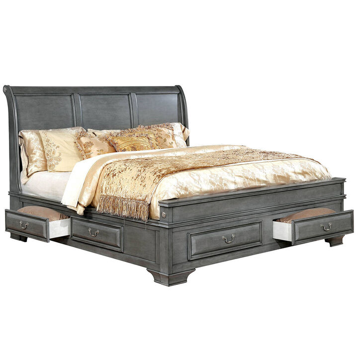 Transitional Eastern King Wooden Bed with Multiple Bottom Drawers, Gray