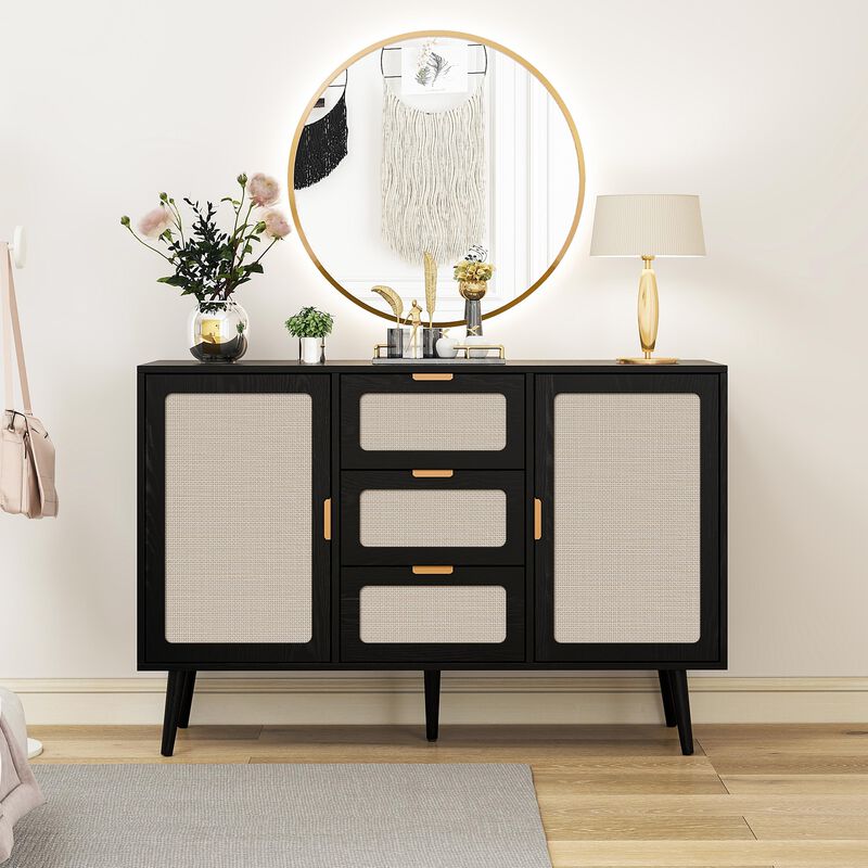 MONDAWE 2 Door 3 Drawer Accent Storage Rattan Sideboard Buffet Cabinet for Living Room, Bedroom, Dining Room