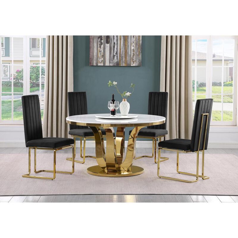 5pc White marble round dining set with gold base and 4 Black side chairs