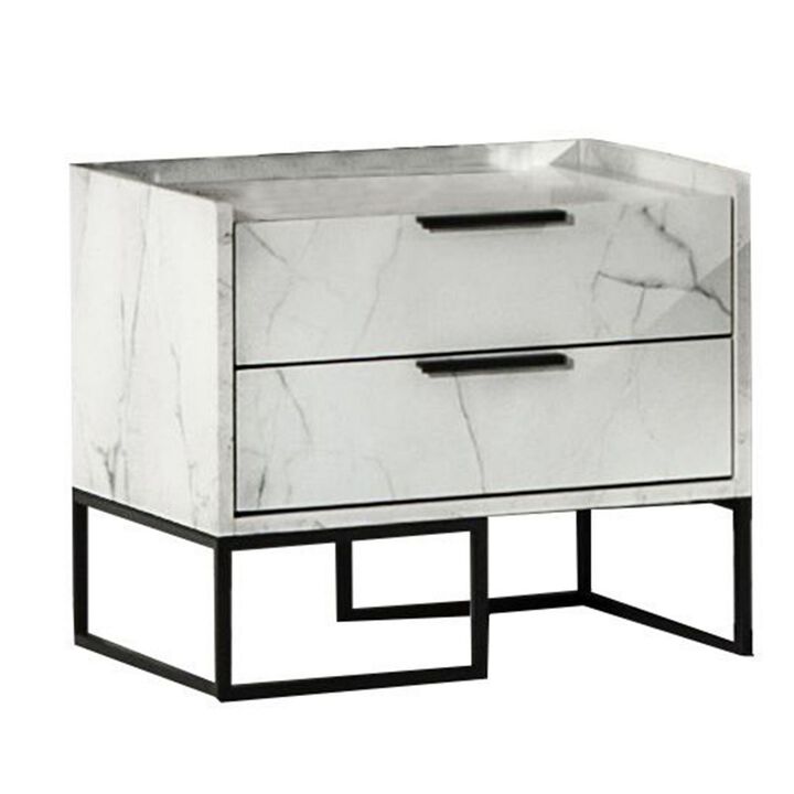 Noe Paul 24 Inch Wood Nightstand, 2 Drawers, Faux White Marble, Metal Legs - Benzara