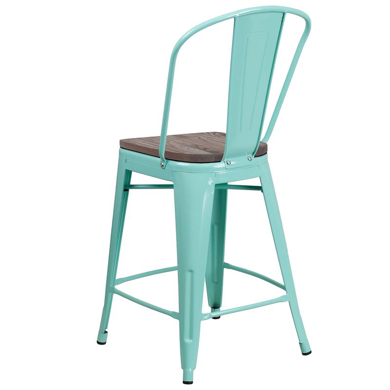 Flash Furniture Carly 24" High Mint Green Metal Counter Height Stool with Back and Wood Seat