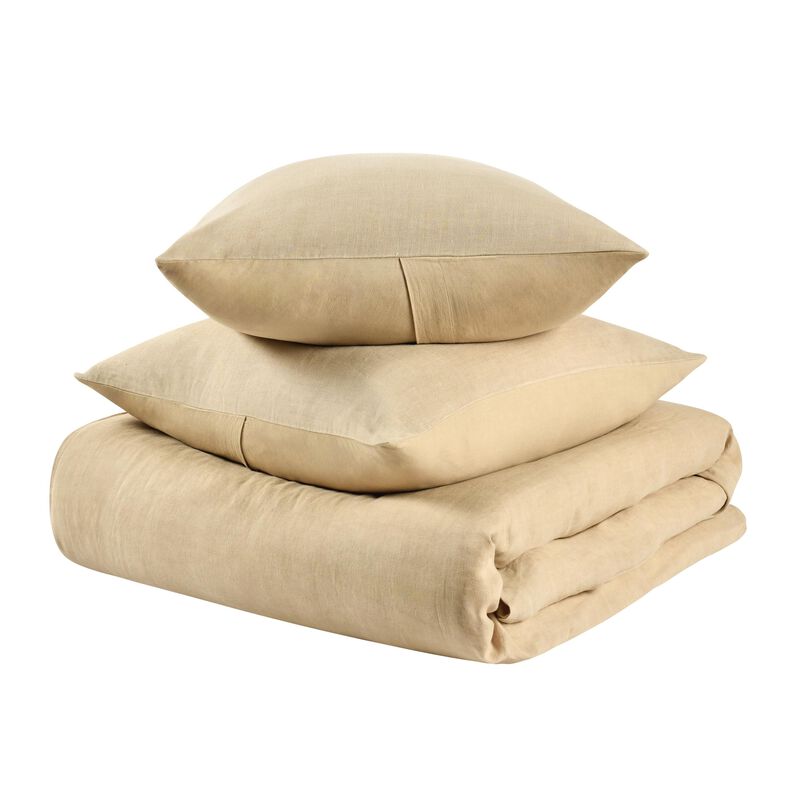 Paula 3 Piece Queen Size Duvet Set, Soft Ochre Amber Stone Washed Hemp - Benzara