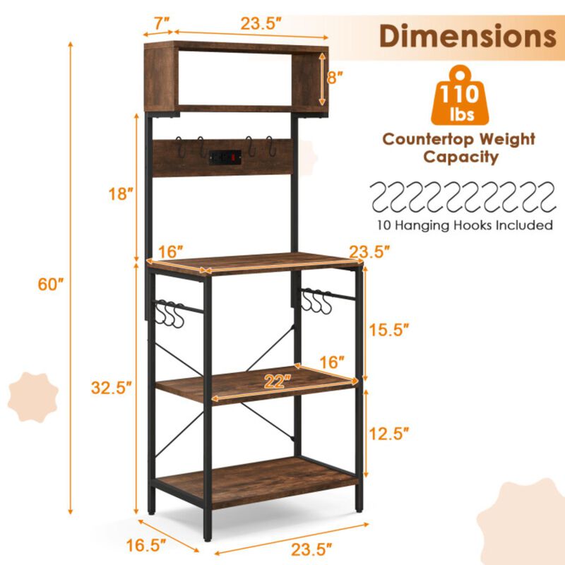 Hivvago 60 Inch Tall Microwave Stand with Open Shelves and 10 Hanging Hooks-Rustic Brown