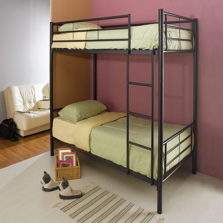 Metal Twin over Twin Bunk Bed with Ladder, Black-Benzara