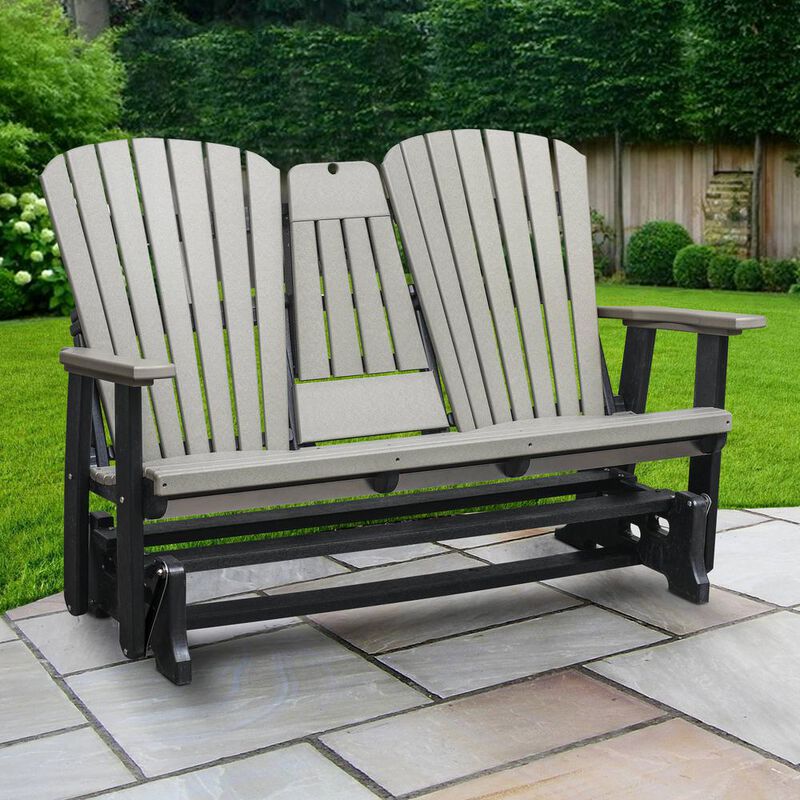 American Furniture Classics Two Seat Fan Back Glider with Drop Down Table/Cup Holder in Light Gray