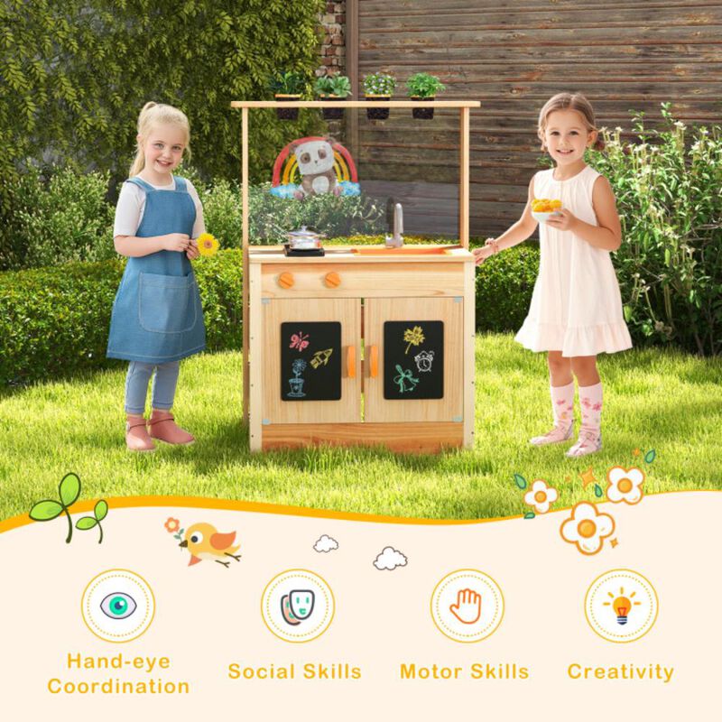 Hivvago Kids Mud Kitchen Fir Wood Playset with Planting Pots and Blackboards