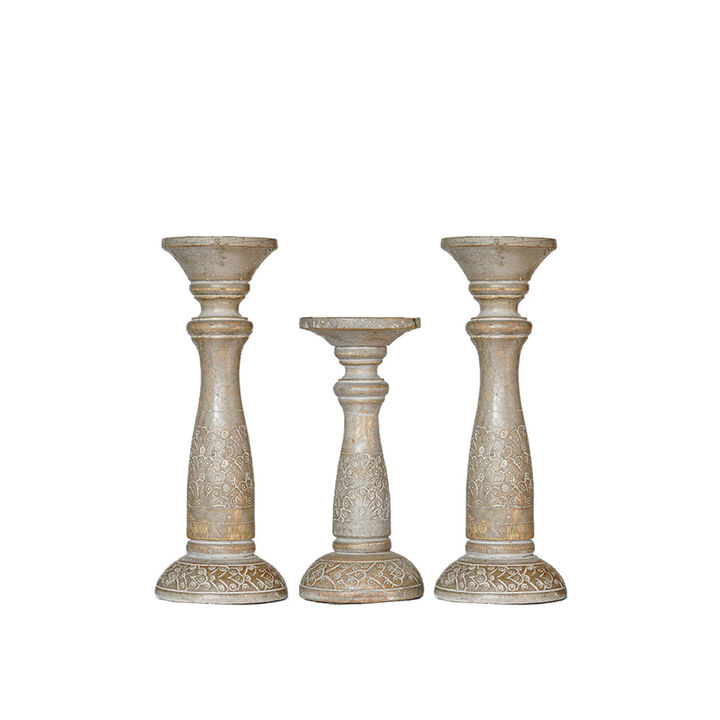 Traditional Gray Wash Eco-friendly Handmade Mango Wood Set Of Three 9",6" & 9" Pillar Candle Holder BBH