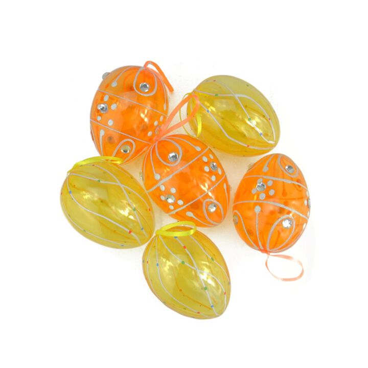 Set of 6 Transparent Yellow and Orange Glitter Gem Spring Easter Egg Ornaments - 3.25"