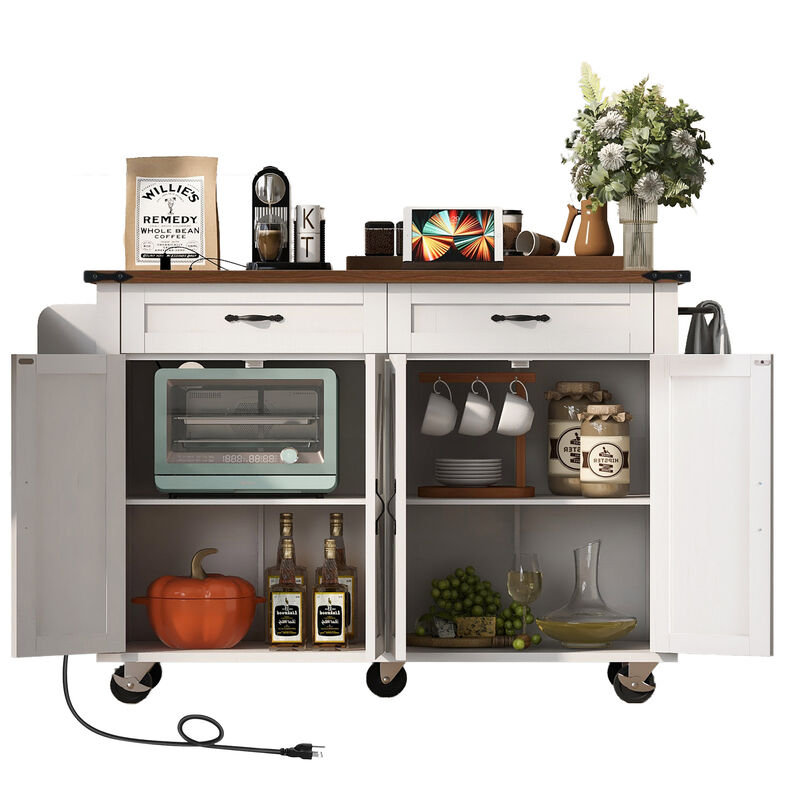Whisen Farmhouse Style Kitchen Cart Island with Drop-Leaf, Power Outlet, Spice Rack and Drawer - White
