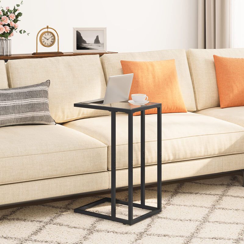 HOOBRO C Shaped End Table Set of 2, Tempered Glass Snack Side Table with Metal Frame, TV Tray Table for Small Space, Sofa Couch