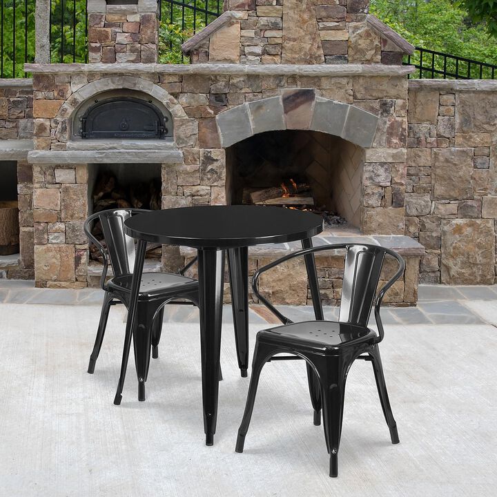 Flash Furniture Conrad Commercial Grade 30" Round Black Metal Indoor-Outdoor Table Set with 2 Arm Chairs
