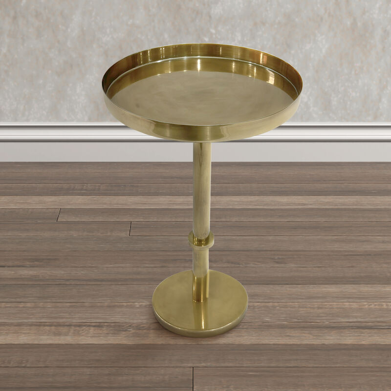Ara 22 Inch Side End Table, Vintage Sleek Pillar Base, Round Tray Top, Oxidized Antique Brass