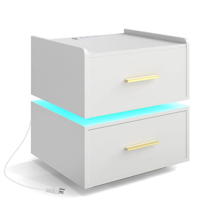 Modern Nightstand with LED Light, Charging Station and 2 Storage Drawers