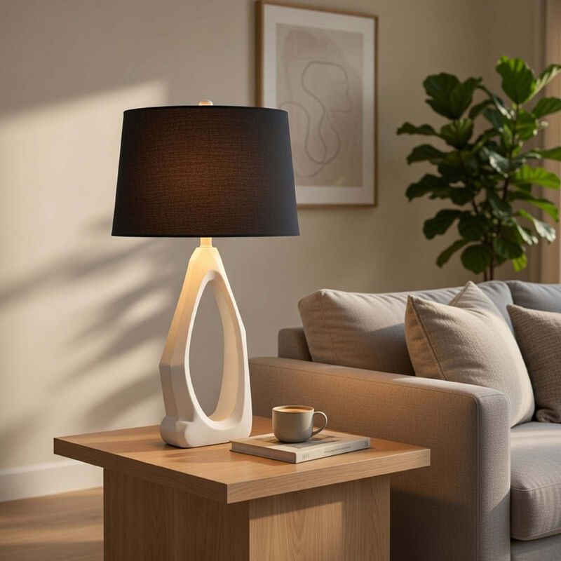 Table Lamp with Black Drum Shade, Sculpted White Resin Base, 30 Inch image number 8