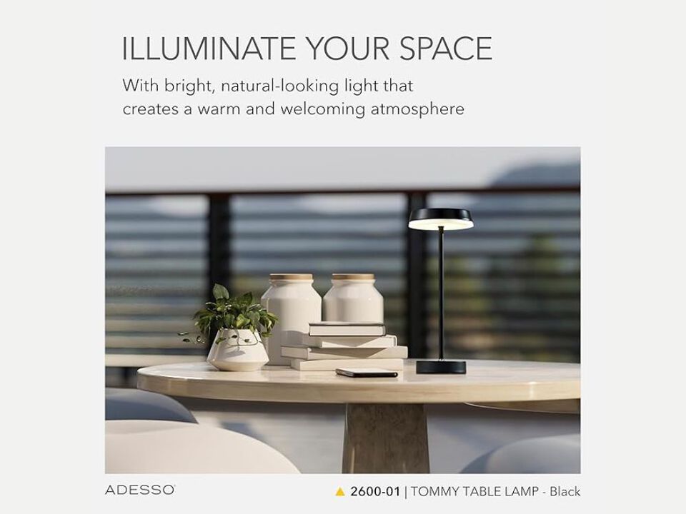 Adesso Cordless Table Lamp with 3-Level Touch Dimmer & Built-in Rechargeable Battery - 15 Tall Touch Lamp, Black Finish