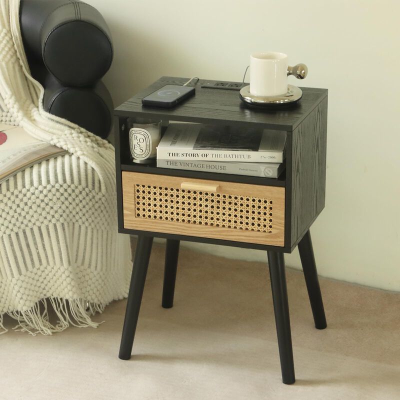MaxSmeo Mid Century Modern Nightstand with Charging Station, Bedside Tables with Rattan Drawer, Small Wood Nightstand Side Table