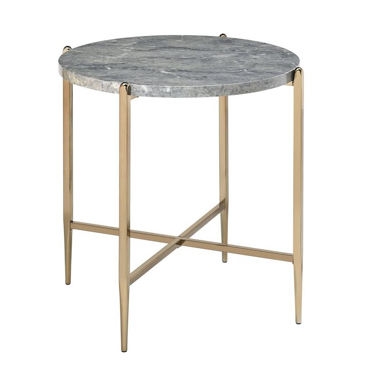 Plethoria Home Faux Marble and Champagne Round End Table