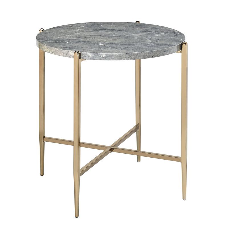Plethoria Home Faux Marble and Champagne Round End Table