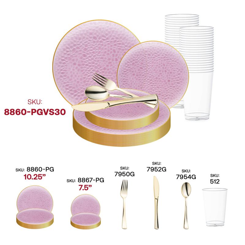 Clear Pink with Gold Rim Hammered Glass Plastic Wedding Value Set (120 Sets) image number 5