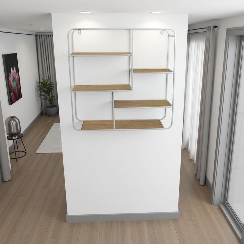Decorative Wall Shelf with 6 Staggered Wood Racks, White Metal 24 Inch - Benzara