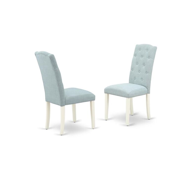 East West Furniture 6-Pc Kitchen Dining Set- 4 Dining Chairs with Baby Blue Linen Fabric Seat and Button Tufted Chair Back - Rectangular Top & Wooden Legs Wood Kitchen Table and Small Bench - Cement a