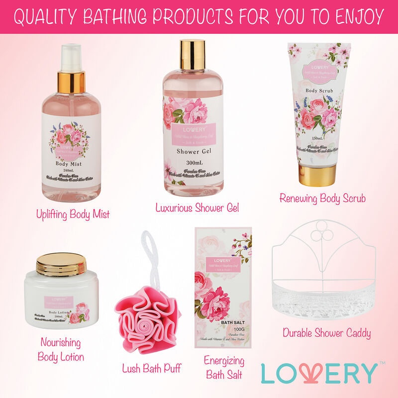 Lovery Home Spa Gift Basket - Wild Rose & Raspberry Leaf Scent - 7pc image number 1