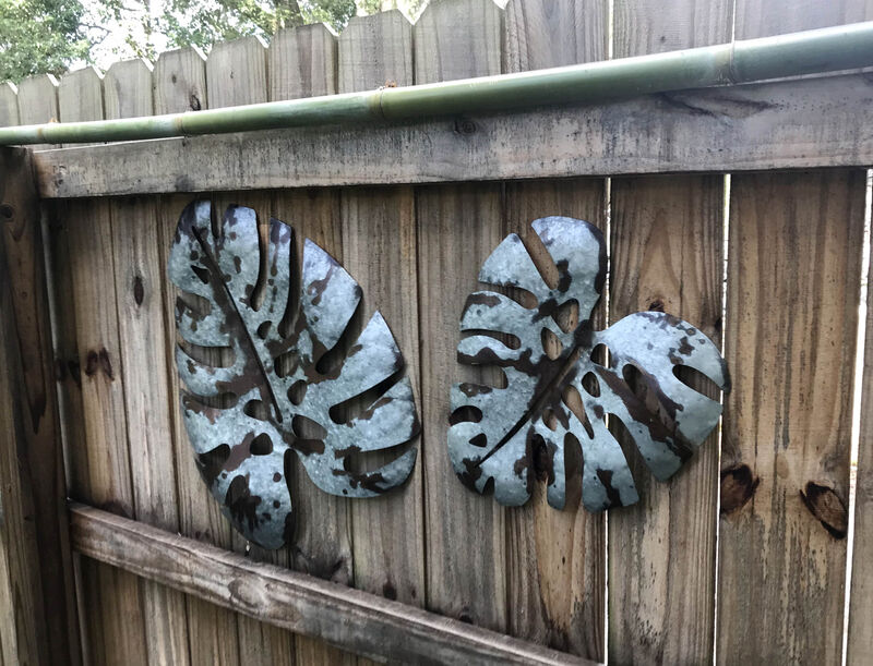 Set of 2 Galvanized Zinc Finish Metal Monstera Leaf Sculptures Wall Hangings image number 4