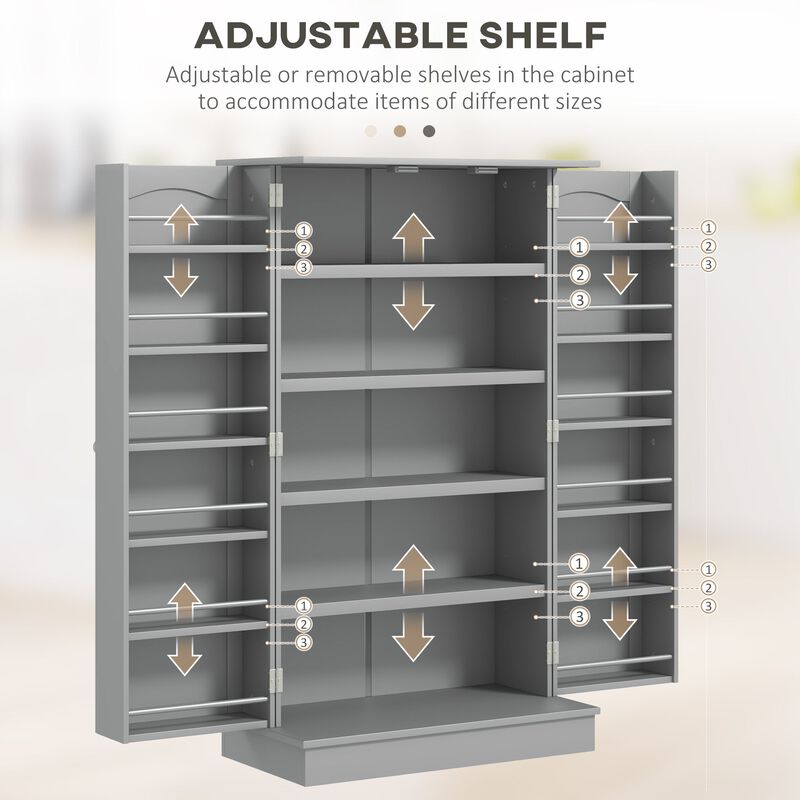 41" Kitchen Pantry Storage, Modern 2-Door Kitchen Storage Cabinet with 5-tier Shelving, 12 Spice Racks and Adjustable Shelves, Gray