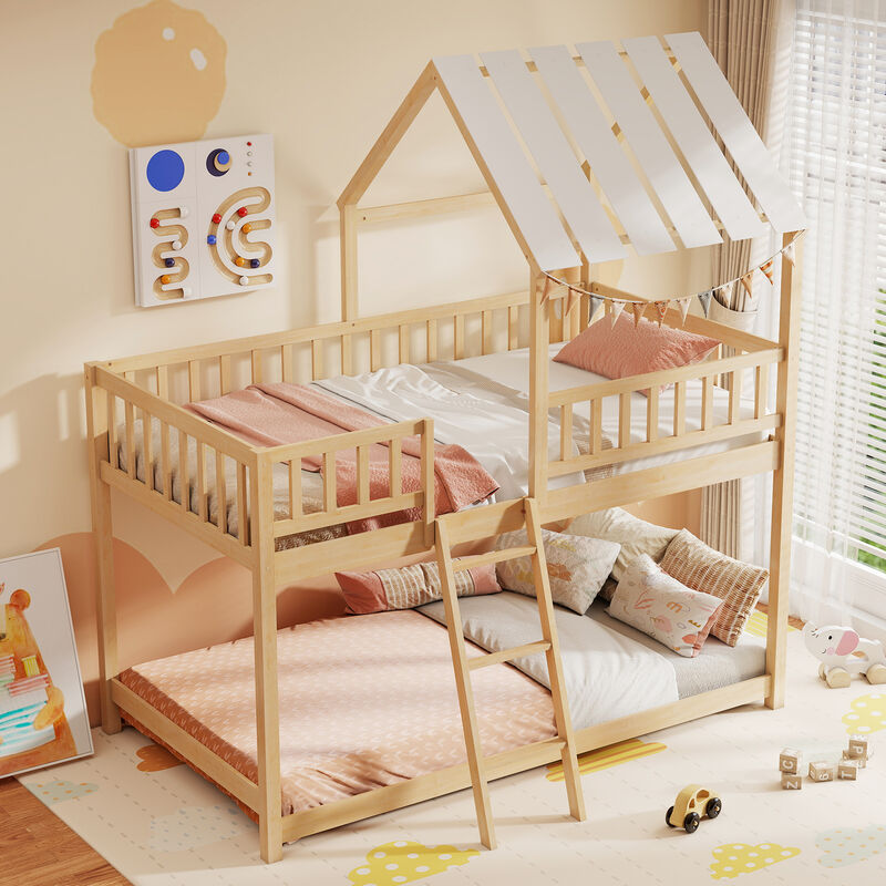 Kids Twin Over Twin House Bunk Bed with Roof & Safety Guardrails-Natural image number 4