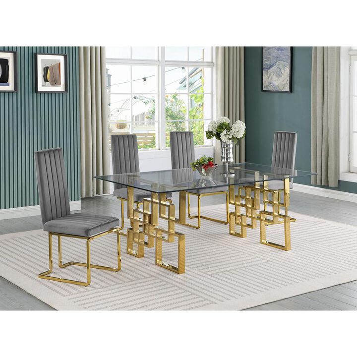 5-piece glam dining set with 4 Dark grey chairs and one 79" glass  table