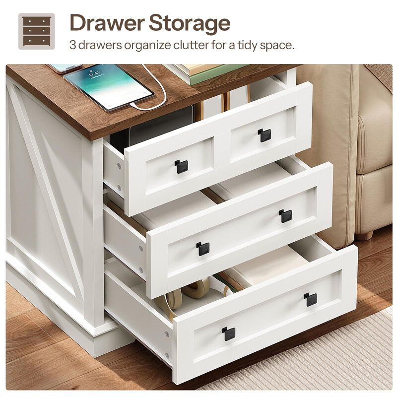 Farmhouse Side Table Nightstand with 3 Drawers and Charging Station image number 3