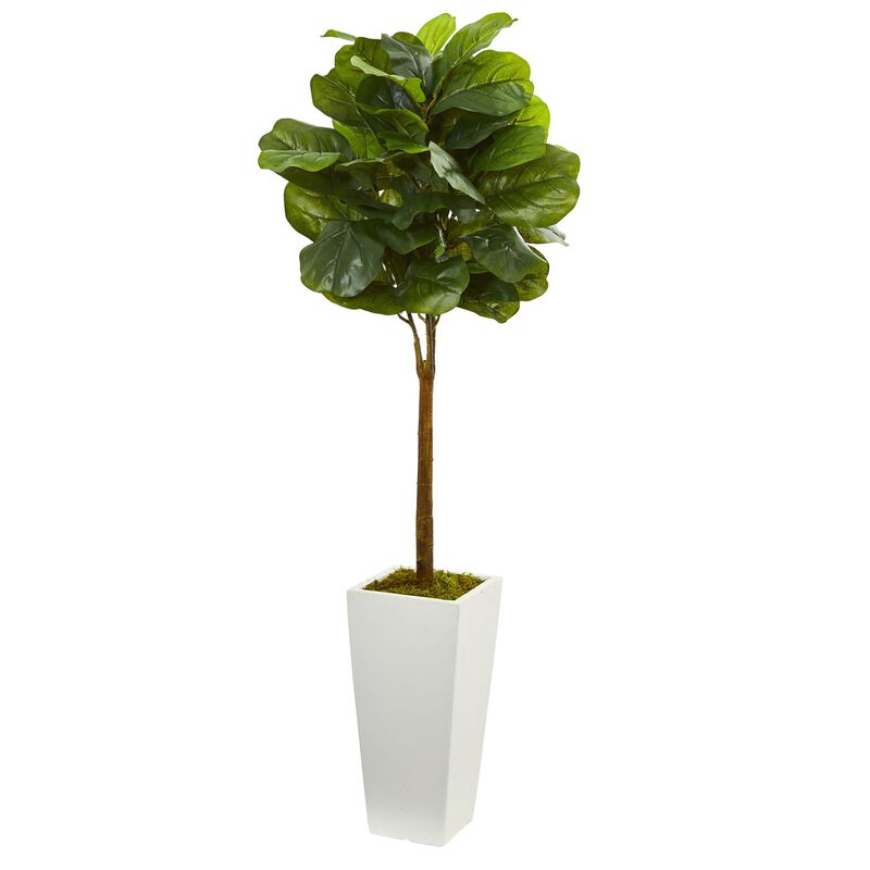 Hivvago 4 Feet Fiddle Leaf Artificial Tree in White Tower Planter