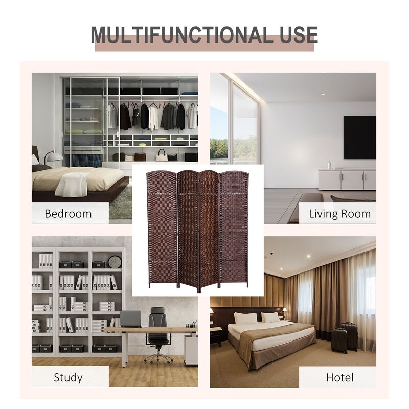 Brown Versatile Partition: 4-Panel 6' Tall Foldable Wicker Room Divider