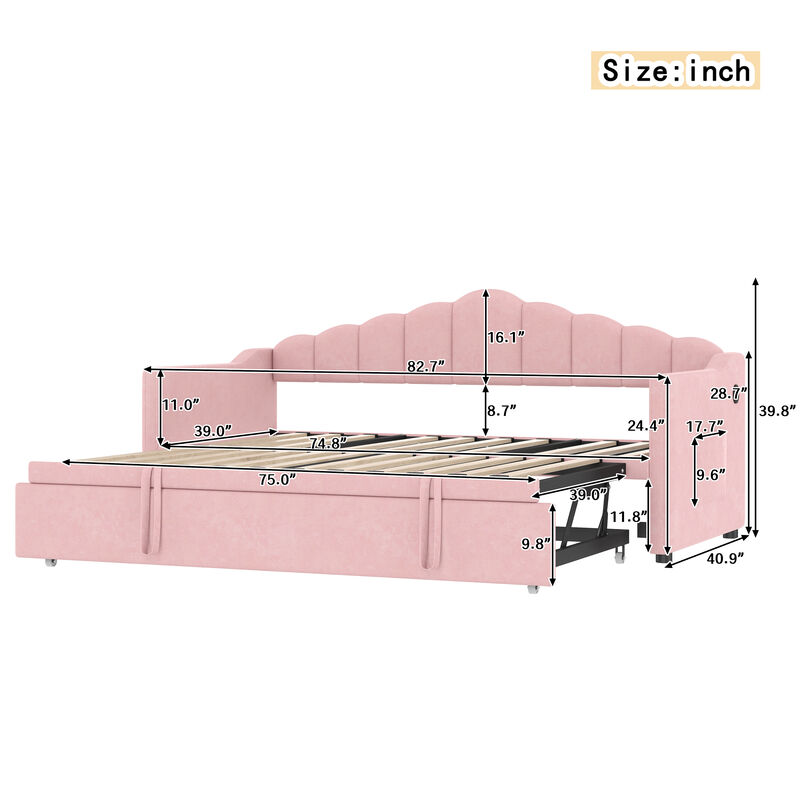 Merax Twin Size Upholstered Daybed with Adjustable Trundle USB/Type-C Charging, 2 Side Pockets, No Box Spring