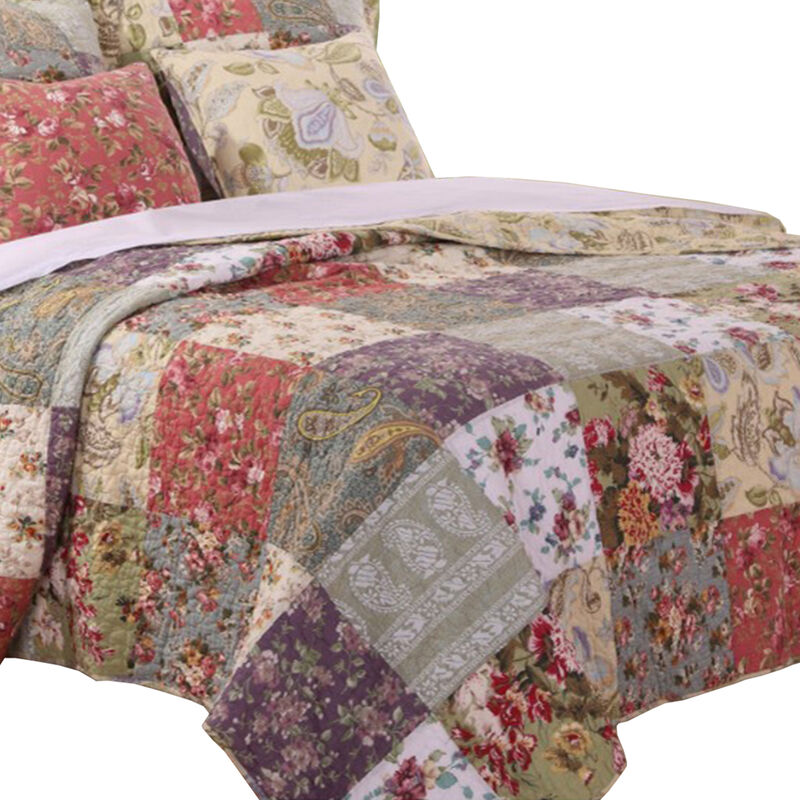 Chicago 5 Piece Fabric Queen Size Quilt Set with Jacobean Prints,Multicolor - Benzara