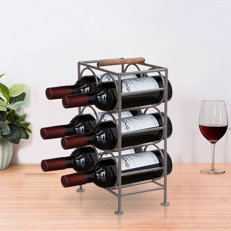 17 Inch Industrial Wine Rack Holder, Rectangular Iron Frame, 6 Bottle Storage, Gunmetal Gray-Benzara