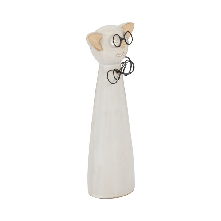 Ceramic Cat W/ Glasses, Beige