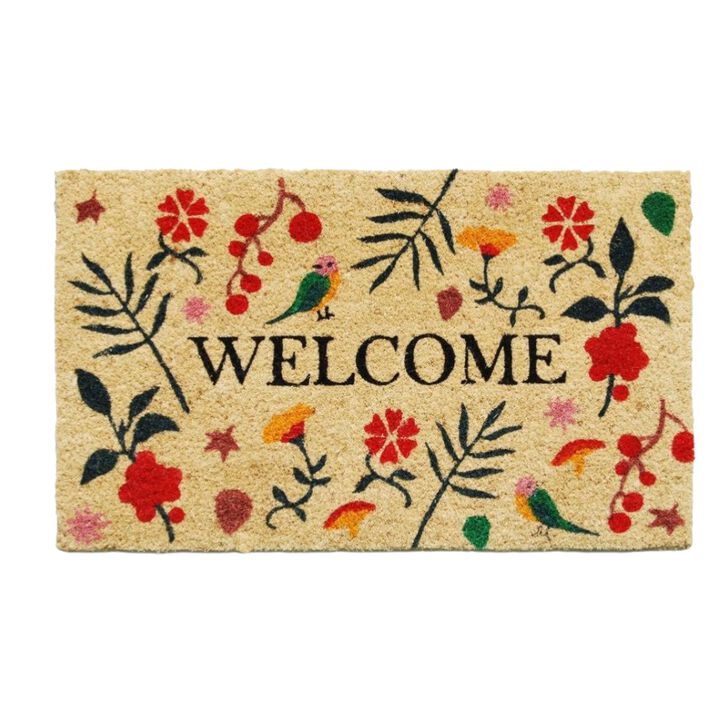 HomeRoots 17" X 29" Brown Red Black And Green Floral Birds Welcome Outdoor Coir Door Mat