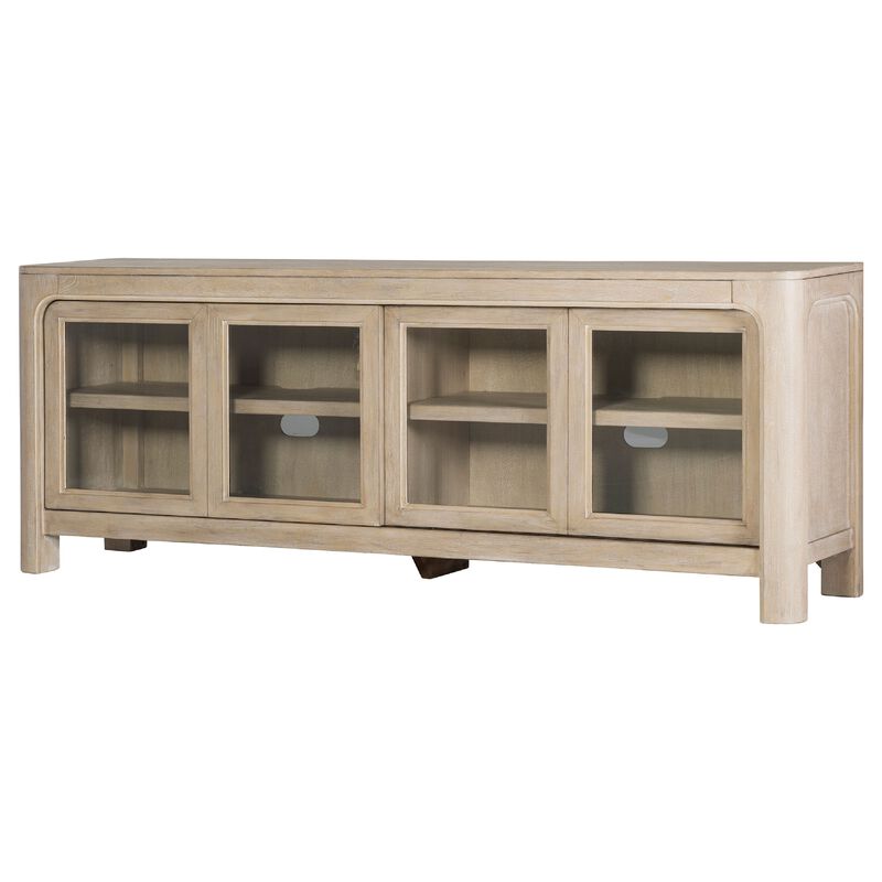 Pira TV Stand Media Console, 2 Glass Door Cabinets, Brown Wood 71 Inch image number 3