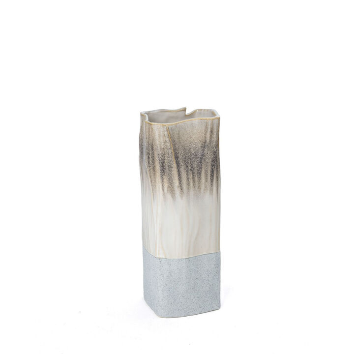 HomeRoots 12" Brown Light Blue And Off White Color Block Square Ceramic Table Vase