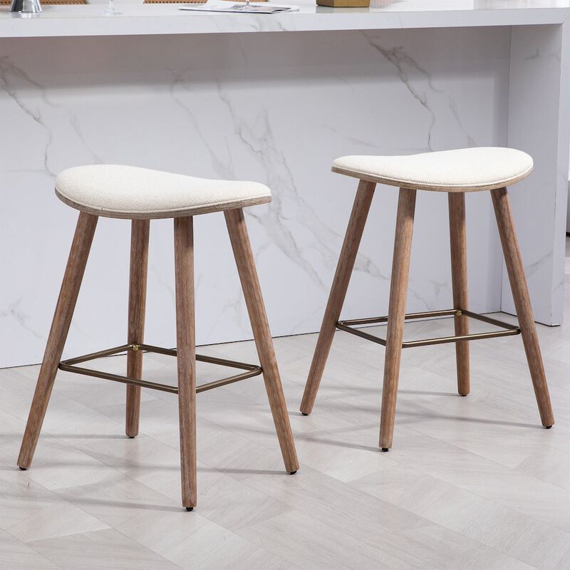 Glamour Home Set of 2 Beatriz Beige Woven Fabric Counter Stool with Wood Legs