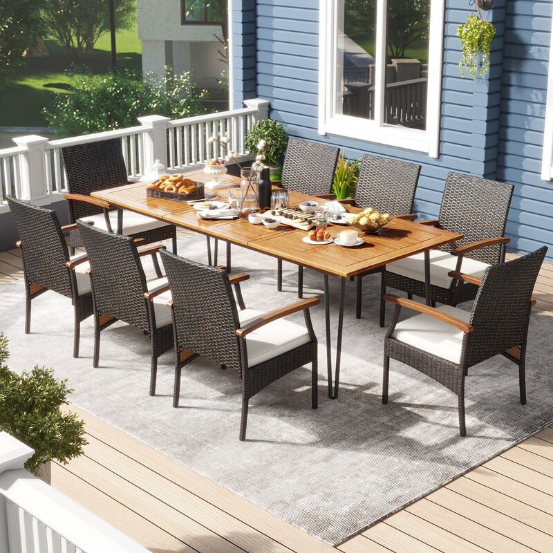 9-Piece Acacia Patio Set &ndash; Dining Table with Umbrella Hole & 8 Matching Chairs