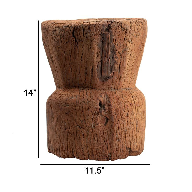 14 Inch Stool Table, Rustic Style, Tree Log Design, Distressed Wood Brown image number 4